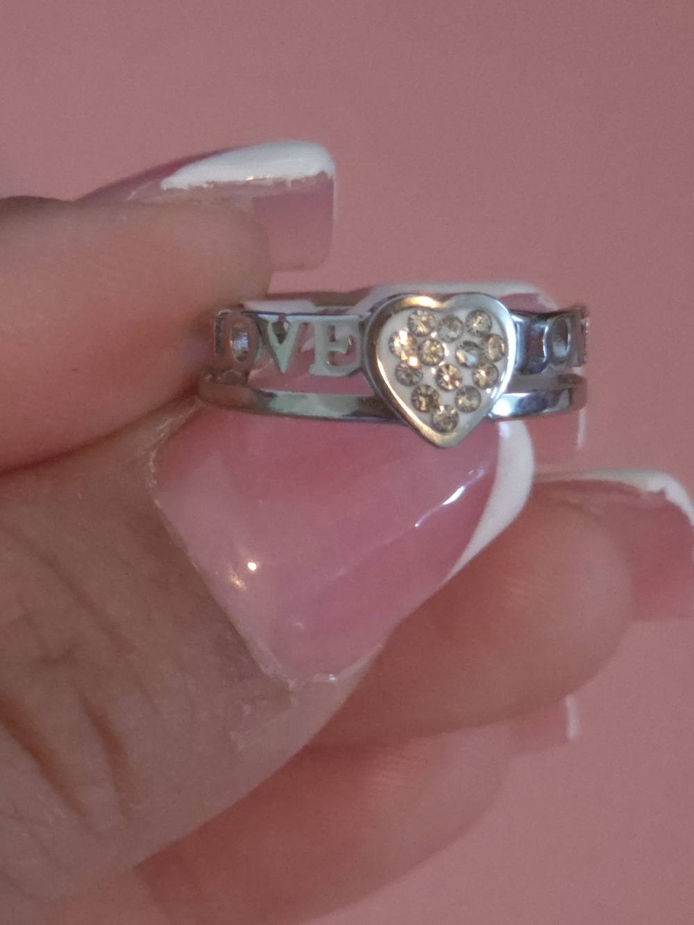 Silver Heart Crystal Accent 'Love' Ring - Stainless Steel Size 8Or 7